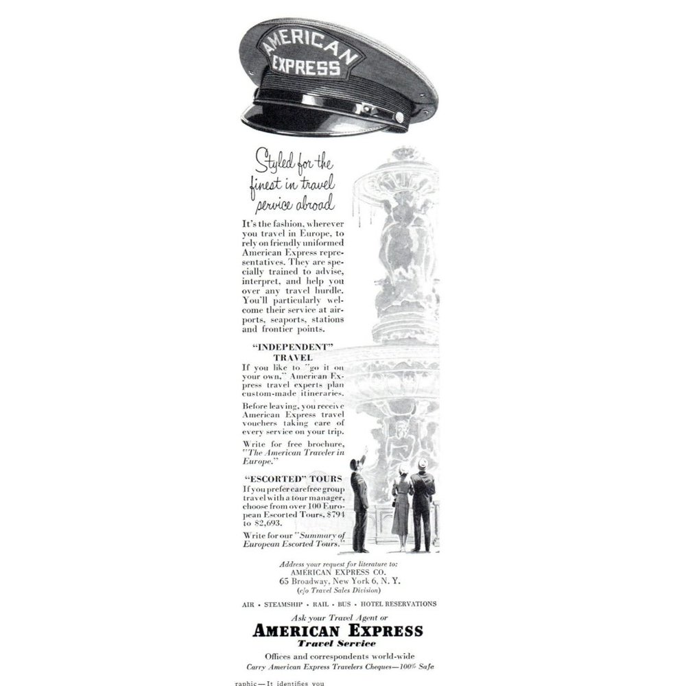 1954 American Express Travel Service Vintage Print Ad Fountain Wall Art Photo
